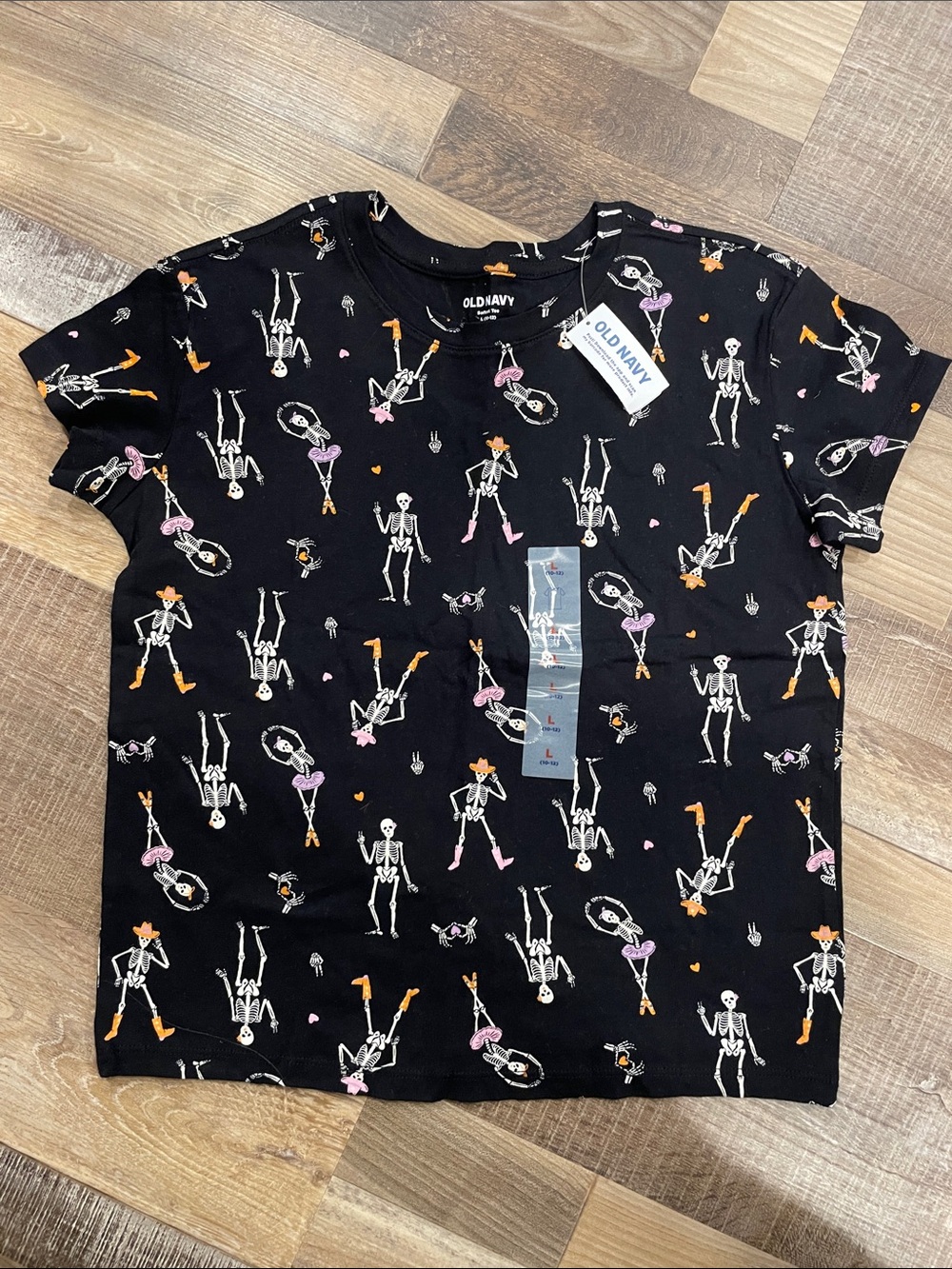 Old Navy Black Short-Sleeve Tee with Dancing Skeletons and Pink & Orange Accents